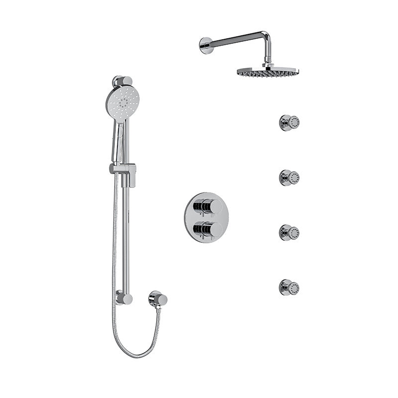 Riobel KIT#446RUTMC- Type T/P (thermostatic/pressure balance) double coaxial system with hand shower rail, 4 body jets and shower head | FaucetExpress.ca