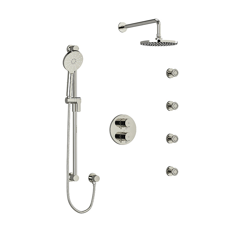 Riobel KIT#446RUTMPN- Type T/P (thermostatic/pressure balance) double coaxial system with hand shower rail, 4 body jets and shower head | FaucetExpress.ca