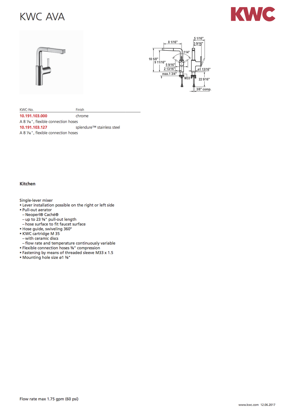 KWC 10.191.103.000- AVA Single Lever Kitchen Mixer - FaucetExpress.ca