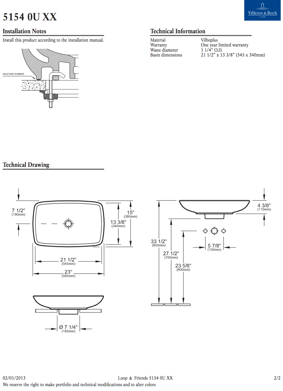 Villeroy & Boch 51540U01- Loop & Friends Surface Mounted Washbasin (Rectangular) - FaucetExpress.ca