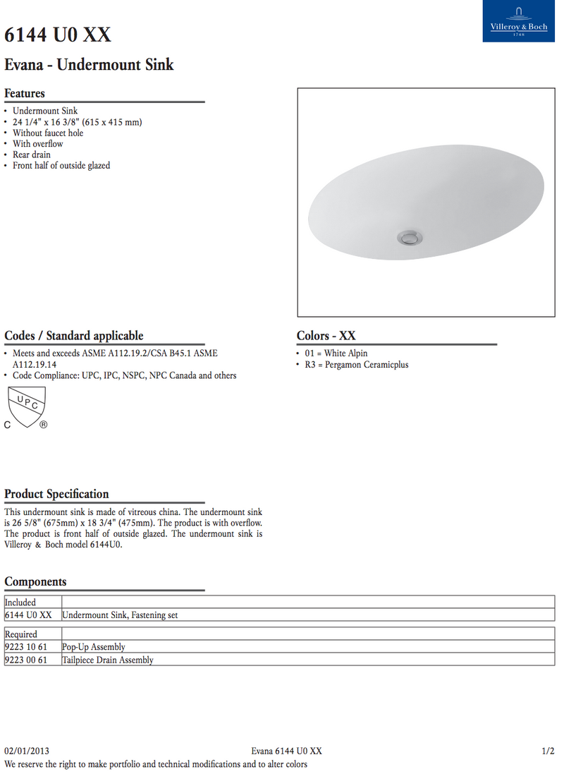 Villeroy & Boch 6144U001- Evana Undercounter Wash Basin (Oval) - FaucetExpress.ca