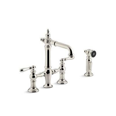 Kohler 76520-4-SN- Artifacts® deck-mount bridge bar sink faucet with lever handles and sidespray | FaucetExpress.ca