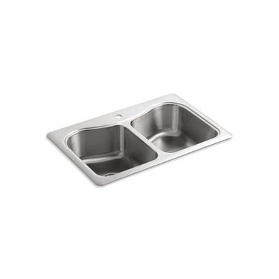 Kohler 3369-1-NA- Staccato 33'' x 22'' x 8-5/16'' top-mount double-equal bowl kitchen sink with single faucet hole | FaucetExpress.ca