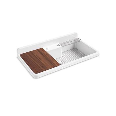 Kohler 21103-2HW-0- Farmstead® 45'' x 25'' x 9'' top-mount/wall-mount kitchen sink with two faucet holes, white underside | FaucetExpress.ca