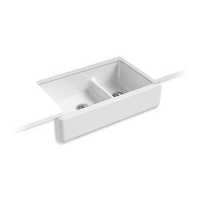 Kohler 6427-0- Whitehaven® 35-11/16'' x 21-9/16'' x 9-5/8'' Smart Divide® undermount double-bowl large/medium farmhouse kitchen sink | FaucetExpress.ca