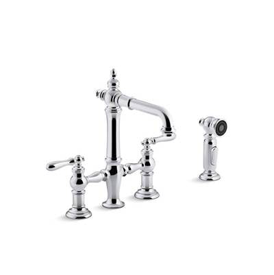 Kohler 76520-4-CP- Artifacts® deck-mount bridge bar sink faucet with lever handles and sidespray | FaucetExpress.ca