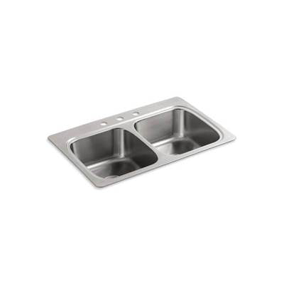 Kohler 5267-3-NA- Verse 33'' x 22'' x 9-1/4'' top-mount double-equal bowl kitchen sink with 3 faucet holes | FaucetExpress.ca