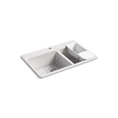 Kohler 8669-1A2-FF- Riverby® 33'' x 22'' x 9-5/8'' top-mount large/medium double-bowl kitchen sink with accessories and single faucet hole | FaucetExpress.ca