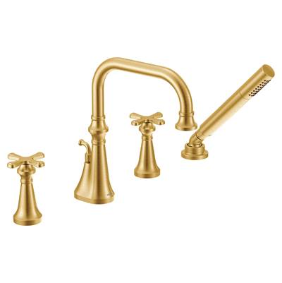 Moen TS44506BG- Colinet Two Handle Deck-Mount Roman Tub Faucet Trim with Cross Handles and Handshower, Valve Required, in Brushed Gold