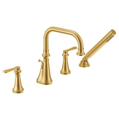 Moen TS44504BG- Colinet Two Handle Deck-Mount Roman Tub Faucet Trim with Lever Handles and Handshower, Valve Required, in Brushed Gold