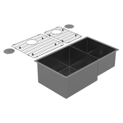 Zomodo CAC457D3-BK- Cayman, Double 60/40 Sink - Undermount + Bottom Grid + Waste Cover, 16ga, R10, ALL items in Black Pearl PVD colouring. - FaucetExpress.ca