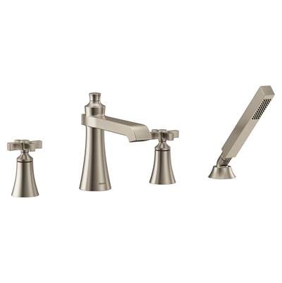 Moen TS929BN- Flara 2-Handle Deck Mount Cross Handle Roman Tub Faucet Trim Kit, Valve Required, Including Single Function Handshower, Brushed Nickel