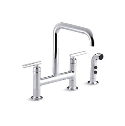 Kohler 7548-4-CP- Purist® two-hole deck-mount bridge kitchen sink faucet with 8-3/8'' spout and matching finish sidespray | FaucetExpress.ca