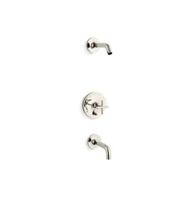 Kohler T14421-3L-SN- Purist® Rite-Temp(R) bath and shower trim set with push-button diverter and cross handle, less showerhead | FaucetExpress.ca