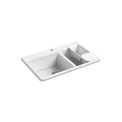 Kohler 8669-1A2-0- Riverby® 33'' x 22'' x 9-5/8'' top-mount large/medium double-bowl kitchen sink with accessories and single faucet hole | FaucetExpress.ca