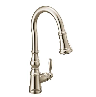 Moen S73004NL- Weymouth Shepherd''s Hook Pulldown Kitchen Faucet Featuring Metal Wand with Power Boost, Polished Nickel - FaucetExpress.ca