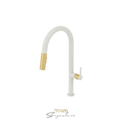 Tenzo CA130-MW-BG - Single-Handle Kitchen Faucet Calozy With Pull-Down & 2-Function Hand Shower Matte White / Brushed Gold