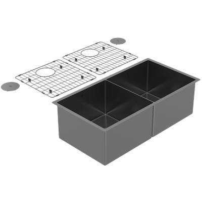 Zomodo CAC406D3-BK- Cayman Lrg Double 50/50 Sink - Undermount + Bottom Grid + Waste Cover, 16ga, R10, ALL items in Black Pearl PVD. - FaucetExpress.ca