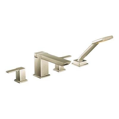 Moen TS904BN- 90-Degree 2-Handle Deck-Mount High-Arc Roman Tub Faucet with Hand Shower in Brushed Nickel (Valve Not Included)