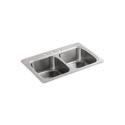 Kohler 5267-4-NA- Verse 33'' x 22'' x 9-1/4'' top-mount double-equal bowl kitchen sink with 4 faucet holes | FaucetExpress.ca