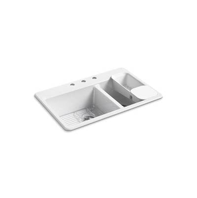 Kohler 8669-3A2-0- Riverby® 33'' x 22'' x 9-5/8'' top-mount large/medium double-bowl kitchen sink with accessories and 3 faucet holes | FaucetExpress.ca