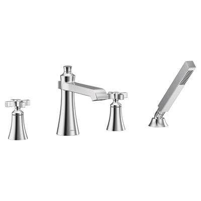 Moen TS929- Flara 2-Handle Deck Mount Cross Handle Roman Tub Faucet Trim Kit, Valve Required, Including Single Function Handshower, Chrome