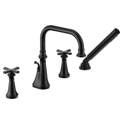 Moen TS44506BL- Colinet Two Handle Deck-Mount Roman Tub Faucet Trim with Cross Handles and Handshower, Valve Required, in Matte Black