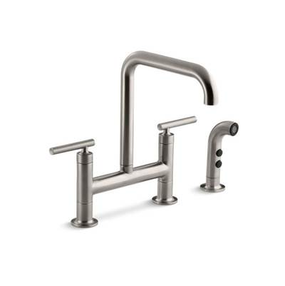 Kohler 7548-4-VS- Purist® two-hole deck-mount bridge kitchen sink faucet with 8-3/8'' spout and matching finish sidespray | FaucetExpress.ca