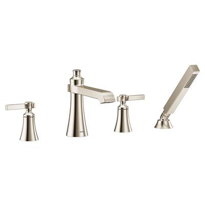 Moen TS928NL- Flara 2-Handle Deck Mount Lever Handle Roman Tub Faucet Trim Kit, Valve Required, Including Single Function Handshower, Brushed Nickel