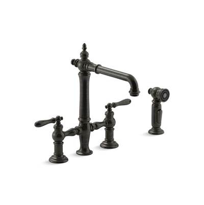 Kohler 76519-4-2BZ- Artifacts® deck-mount bridge kitchen sink faucet with lever handles and sidespray | FaucetExpress.ca