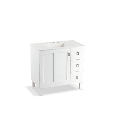 Kohler 99533-LGR-1WA- Poplin® 36'' bathroom vanity cabinet with legs, 1 door and 3 drawers on right | FaucetExpress.ca