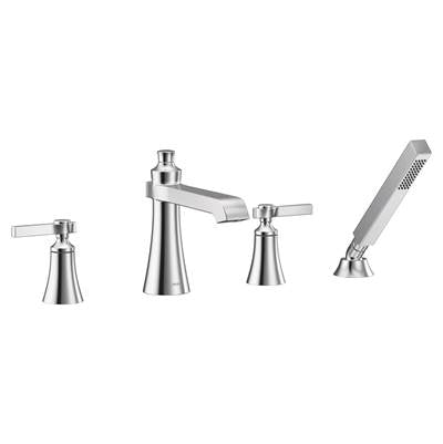 Moen TS928- Flara 2-Handle Deck Mount Lever Handle Roman Tub Faucet Trim Kit, Valve Required, Including Single Function Handshower, Chrome