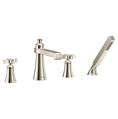 Moen TS929NL- Flara 2-Handle Deck Mount Cross Handle Roman Tub Faucet Trim Kit, Valve Required, Including Single Function Handshower, Polished Nickel