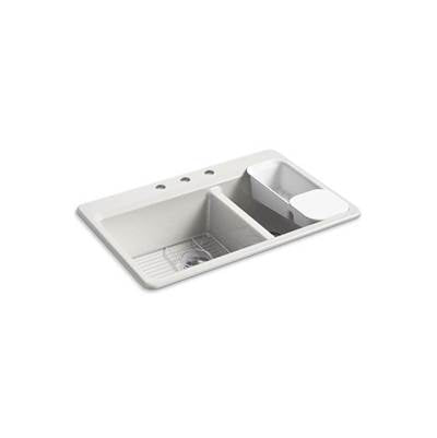 Kohler 8669-3A2-FF- Riverby® 33'' x 22'' x 9-5/8'' top-mount large/medium double-bowl kitchen sink with accessories and 3 faucet holes | FaucetExpress.ca