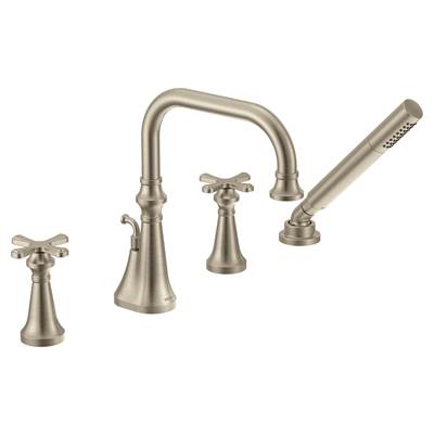 Moen TS44506BN- Colinet Two Handle Deck-Mount Roman Tub Faucet Trim with Cross Handles and Handshower, Valve Required, in Brushed Nickel