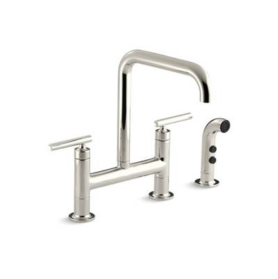 Kohler 7548-4-SN- Purist® two-hole deck-mount bridge kitchen sink faucet with 8-3/8'' spout and matching finish sidespray | FaucetExpress.ca