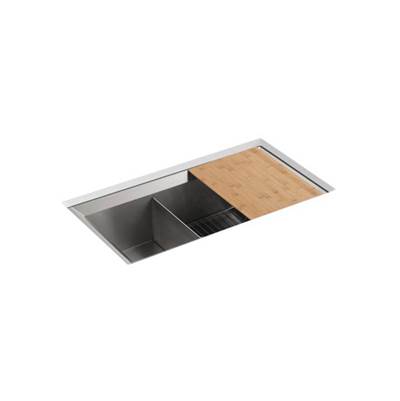 Kohler 3160-NA- Poise® 33'' x 18'' x 9-1/2'' Undermount large/medium double-bowl kitchen sink, includes cutting board and rack | FaucetExpress.ca