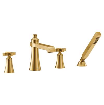 Moen TS929BG- Flara 2-Handle Deck Mount Cross Handle Roman Tub Faucet Trim Kit, Valve Required, Including Single Function Handshower, Brushed Gold