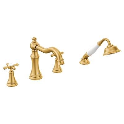 Moen TS21102BG- Weymouth 2-Handle Diverter Deck-Mount Roman Tub Faucet with Hand Shower in Brushed Gold (Valve Not Included)