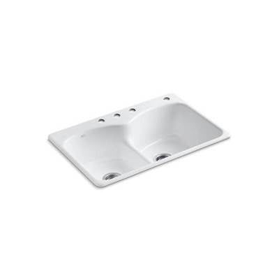 Kohler 6626-4-0- Langlade® 33'' x 22'' x 9-5/8'' top-mount Smart Divide(R) double-equal kitchen sink with 3 faucet holes and one accessory hole | FaucetExpress.ca