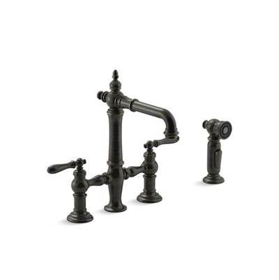 Kohler 76520-4-2BZ- Artifacts® deck-mount bridge bar sink faucet with lever handles and sidespray | FaucetExpress.ca