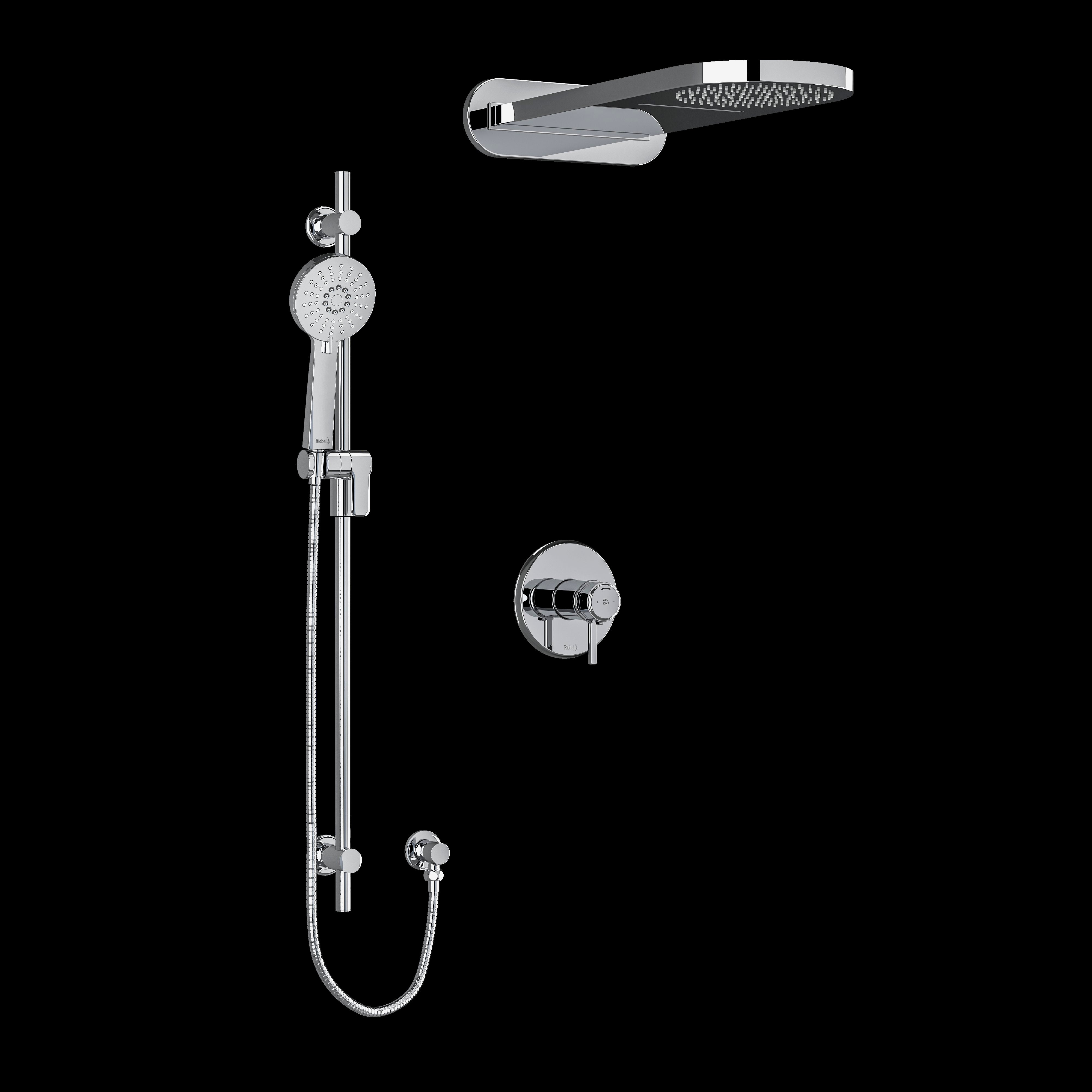 Riobel KIT2745MMRDJC- Type T/P (thermostatic/pressure balance) coaxial 3-way system with hand shower rail and rain and cascade shower head