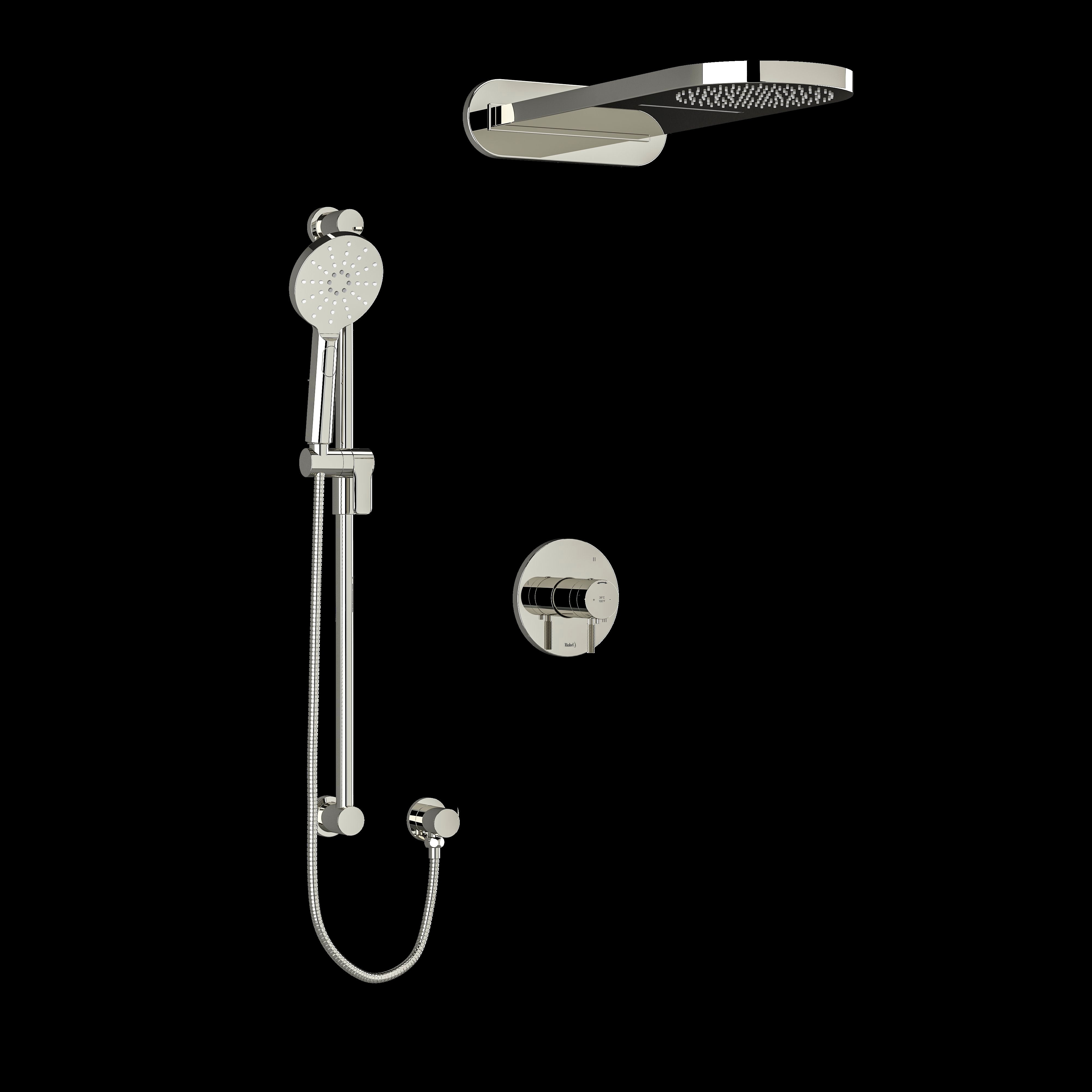 Riobel KIT2745RUTMKNPN- Type T/P (thermostatic/pressure balance) coaxial 3-way system with hand shower rail and rain and cascade shower head