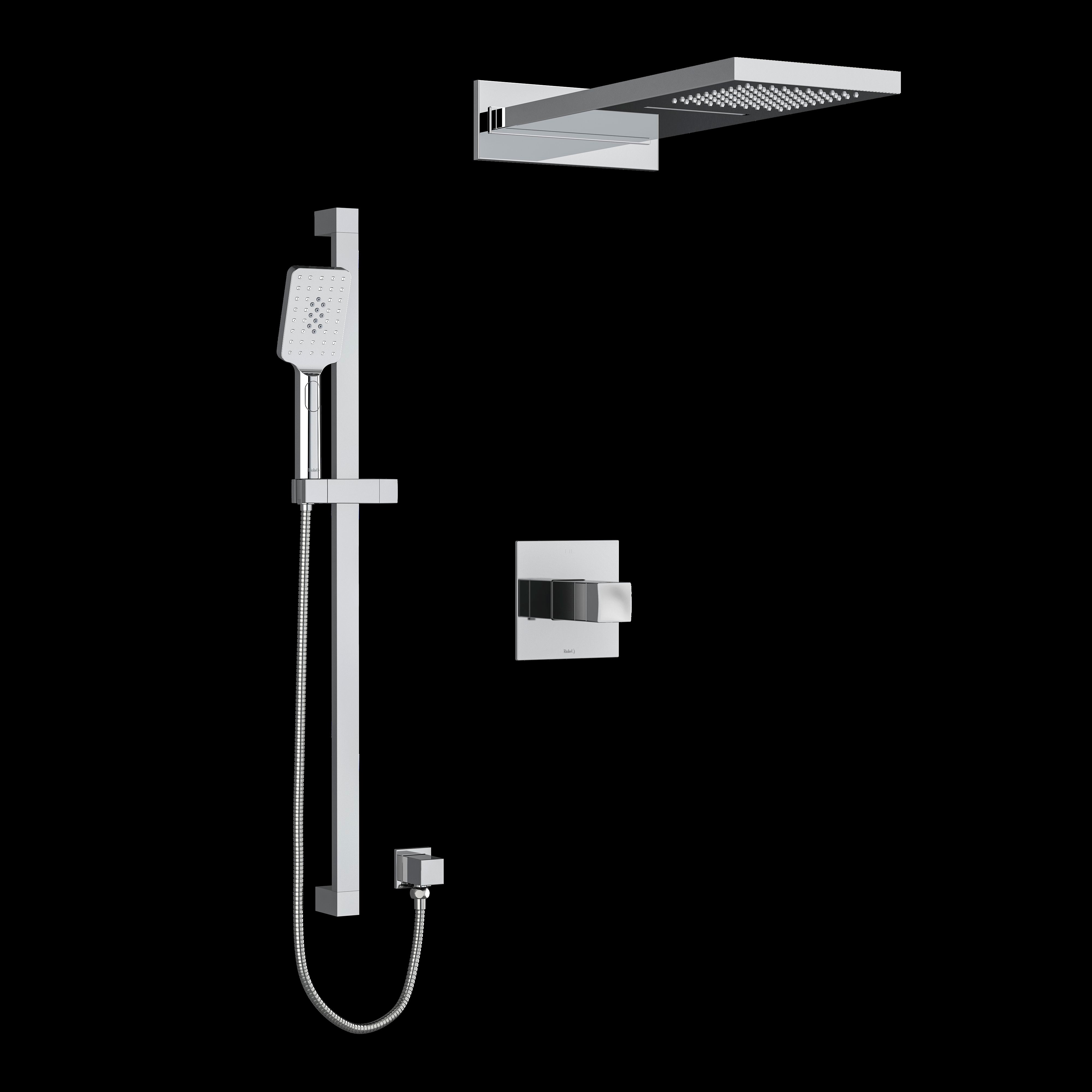 Riobel KIT2745RFC- Type T/P (thermostatic/pressure balance) coaxial 3-way system with hand shower rail and rain and cascade shower head