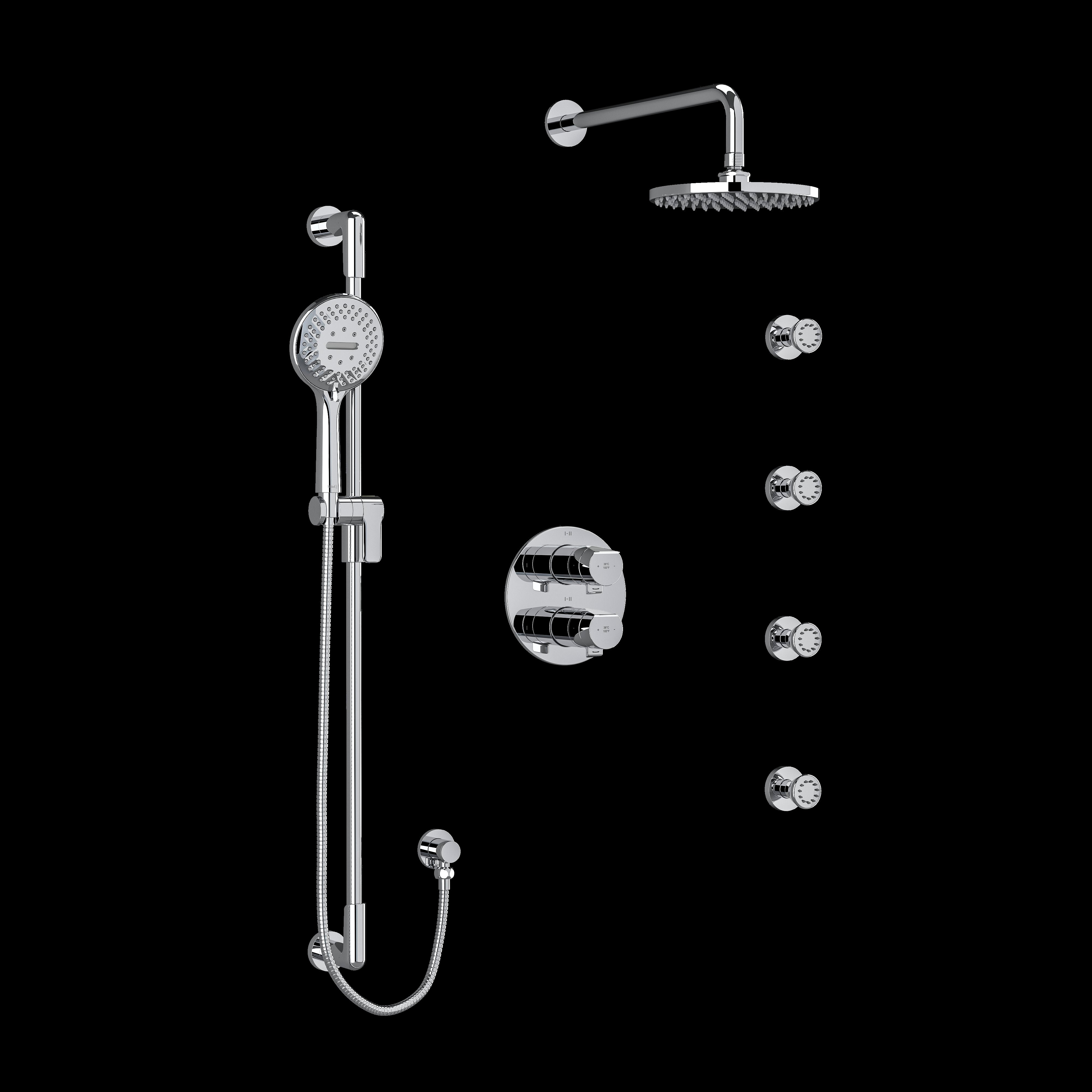 Riobel KIT446PBC- Type T/P (thermostatic/pressure balance) double coaxial system with hand shower rail 4 body jets and shower head