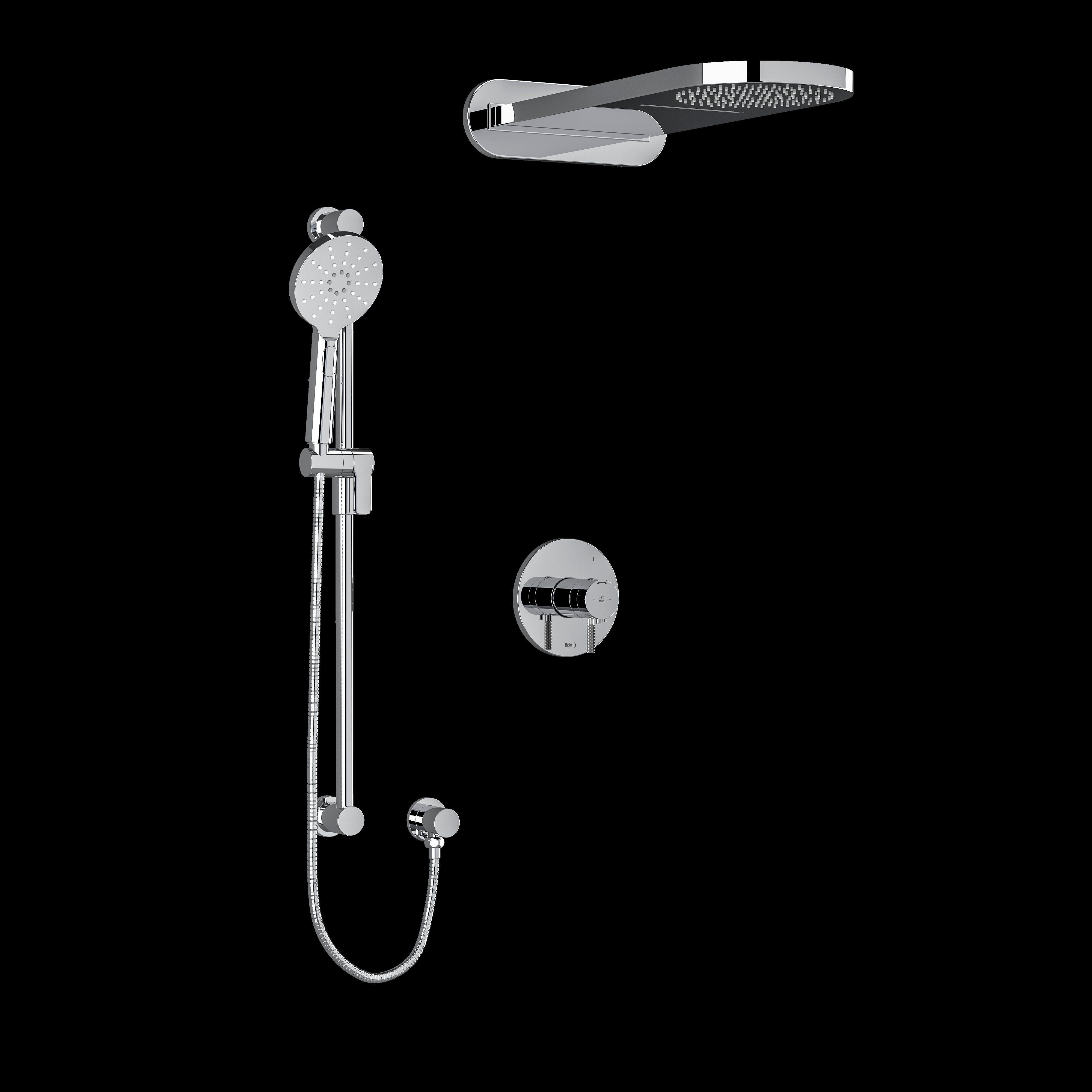 Riobel KIT2745RUTMKNC- Type T/P (thermostatic/pressure balance) coaxial 3-way system with hand shower rail and rain and cascade shower head