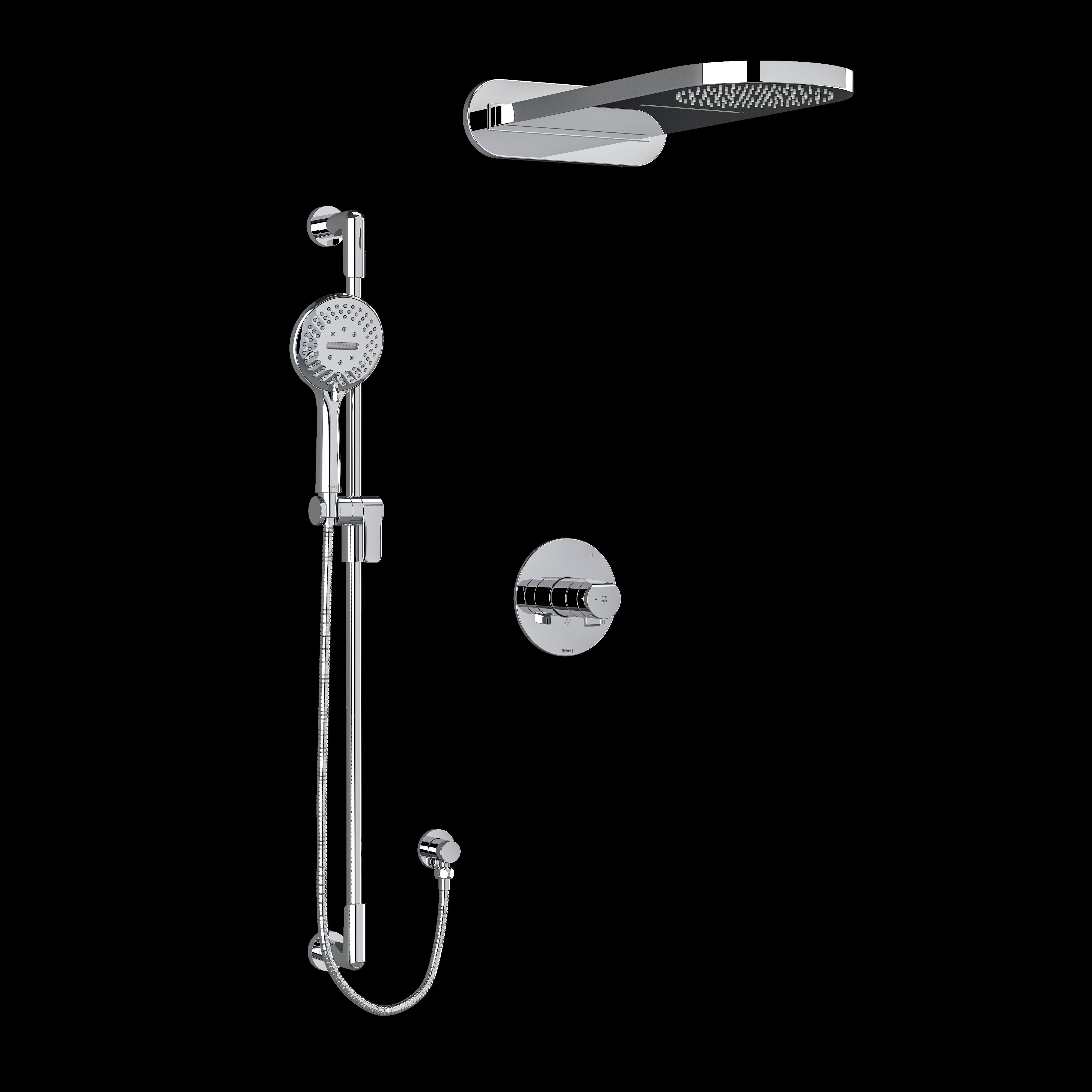 Riobel KIT2745PBC- Type T/P (thermostatic/pressure balance) coaxial 3-way system with hand shower rail and rain and cascade shower head