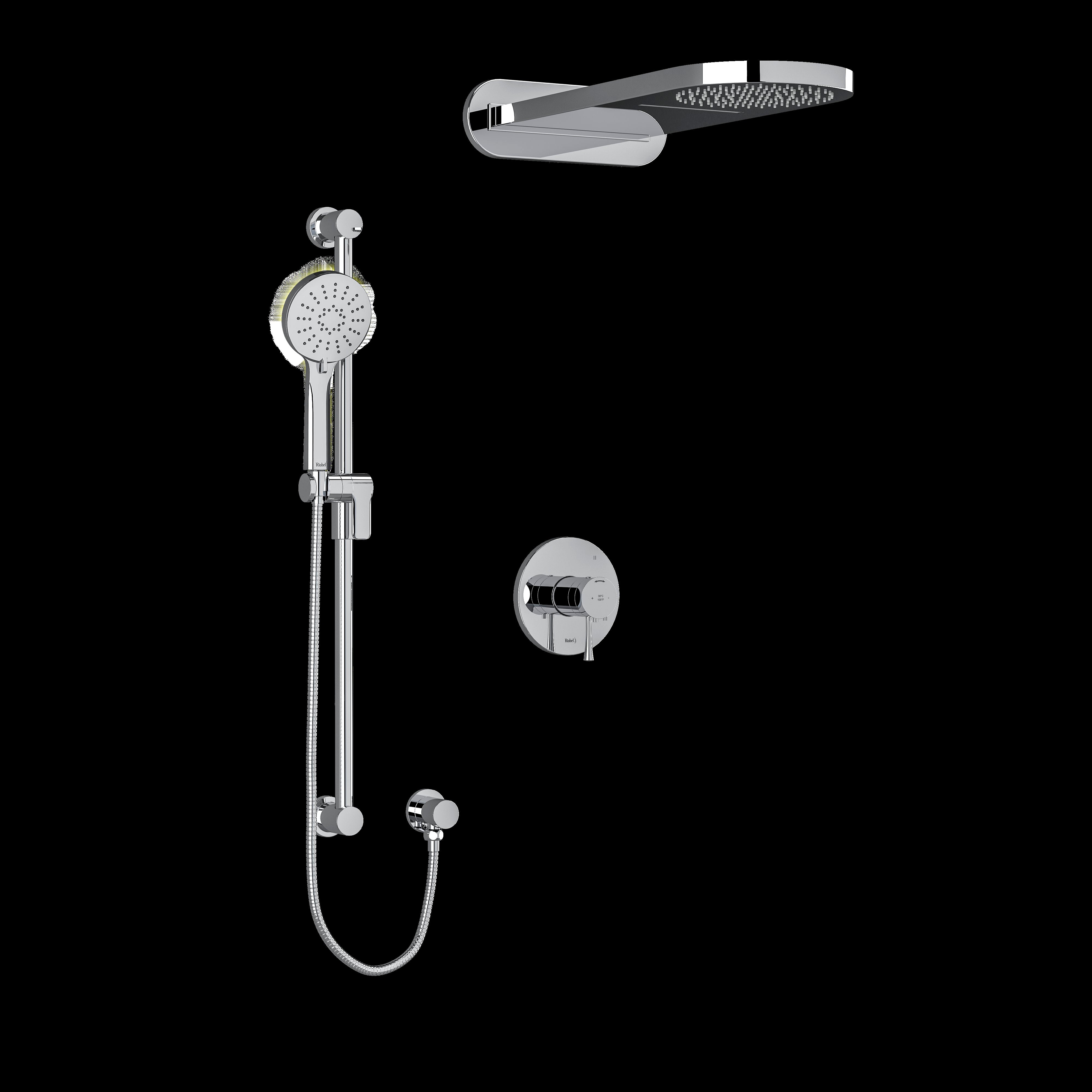 Riobel KIT2745EDTMBK- Type T/P (thermostatic/pressure balance) coaxial 3-way system with hand shower rail and rain and cascade shower head