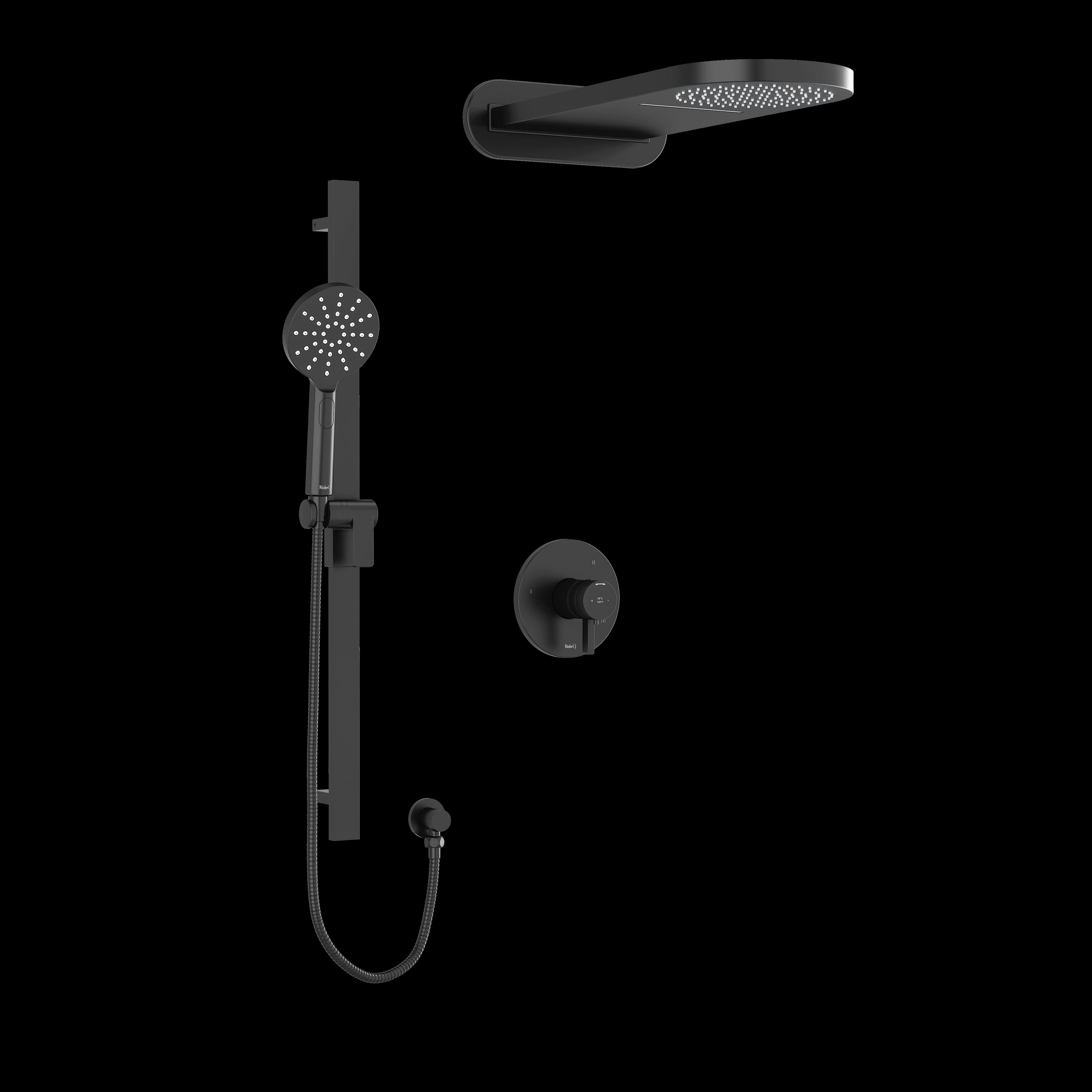 Riobel KIT2745PXTMBK- Type T/P (thermostatic/pressure balance) coaxial 3-way system with hand shower rail and rain and cascade shower head