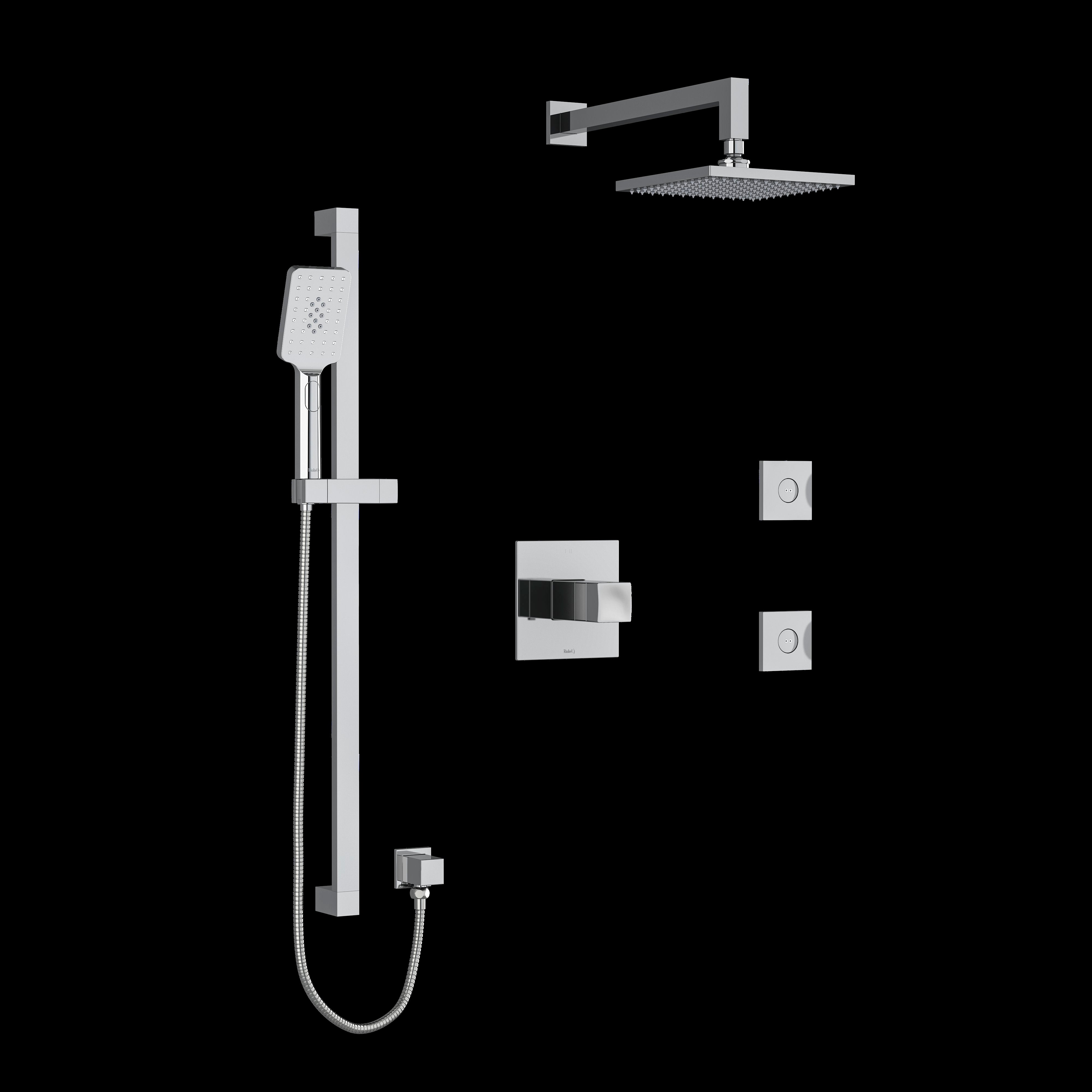 Riobel KIT3545RFC- Type T/P (thermostatic/pressure balance) coaxial 3-way system hand shower rail elbow supply shower head and 2 body jets